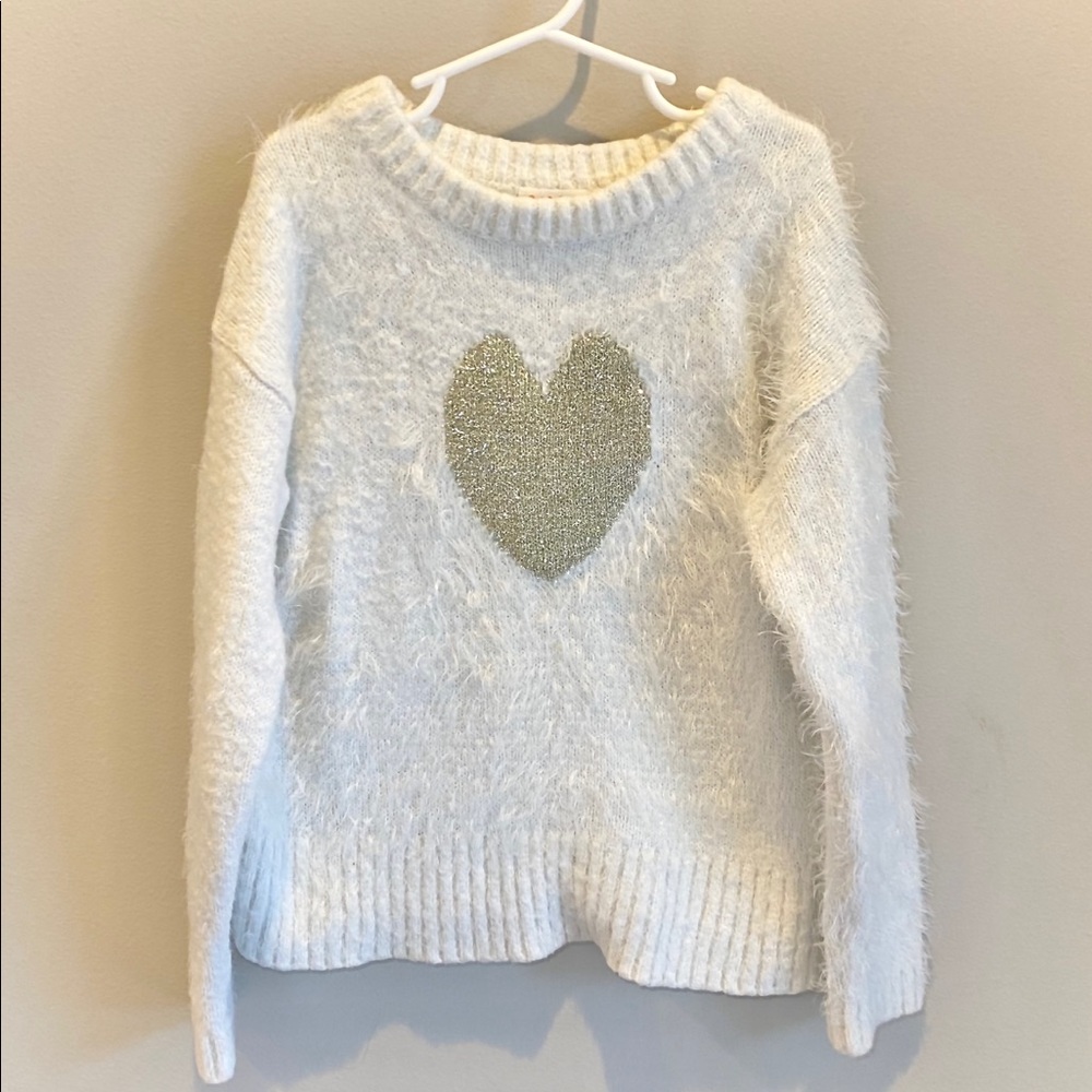 Cat & Jack White Fuzzy Gold Glitter Heart Sweater